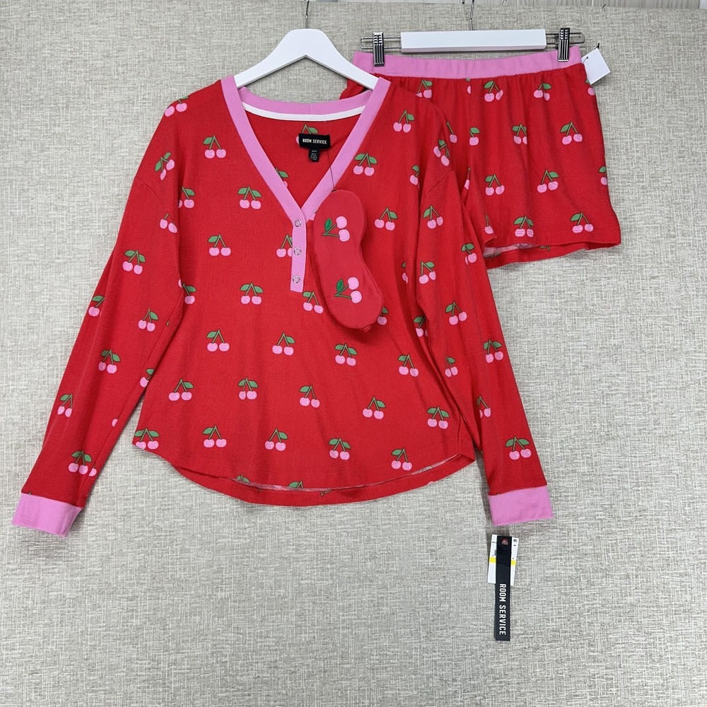 Room Service Pajama Sleep Set Womens Medium Red Cherry 3 Pc Henley Top Shorts